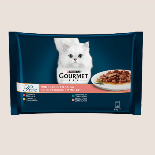 Purina Gourmet Perle Finas Láminas en Salsa con Buey, Pollo, Conejo, Salmón 4 x 85 gr